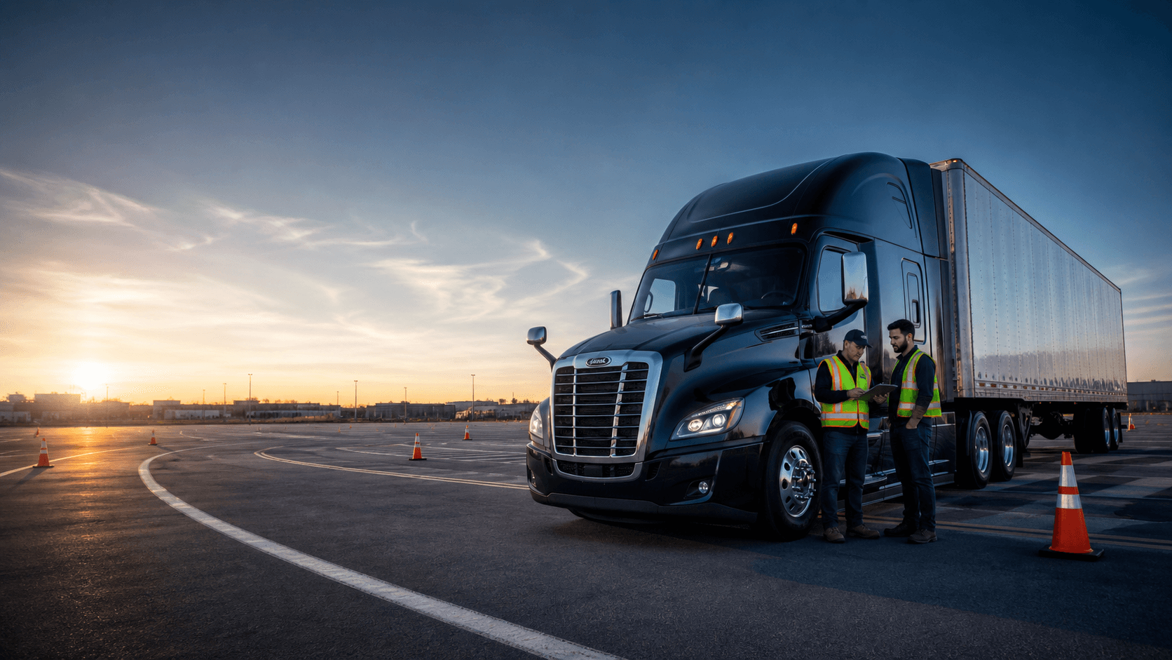 CDL instructor and learner reviewing a pre-trip inspection beside a Class 8 tractor-trailer on a training range